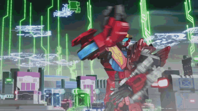 a red robot is standing in front of a city with green lights