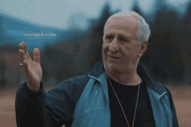 a man in a blue jacket is waving his hand and the website ninisjgulfi.com is visible in the corner