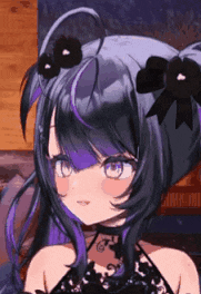 a close up of a girl with purple hair and black flowers in her hair