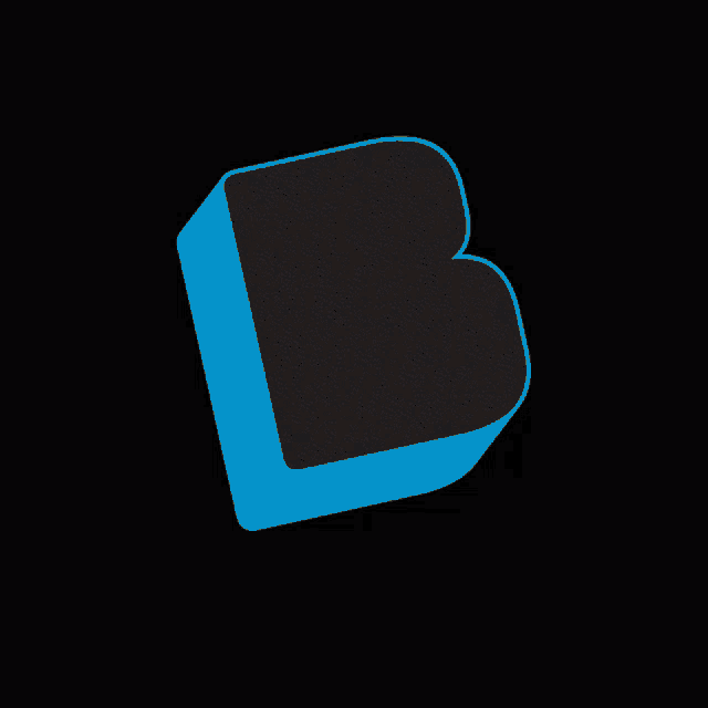 a yellow hand is reaching out towards a blue letter b on a black background