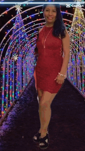 a woman in a red dress is standing in front of a christmas tree .