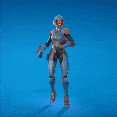 a robot with a helmet that has a face on it is dancing on a blue background