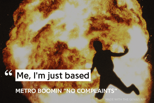 a silhouette of a man jumping in front of a large explosion with the caption " me i 'm just based "