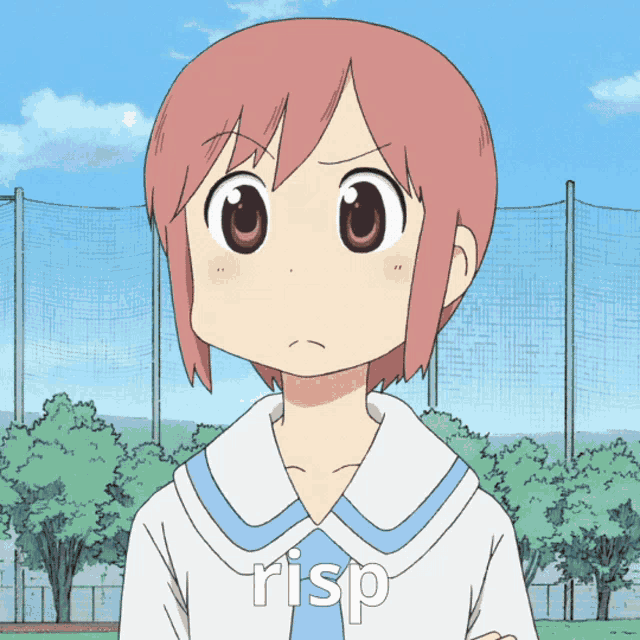 a girl with pink hair and the word risp written on her shirt