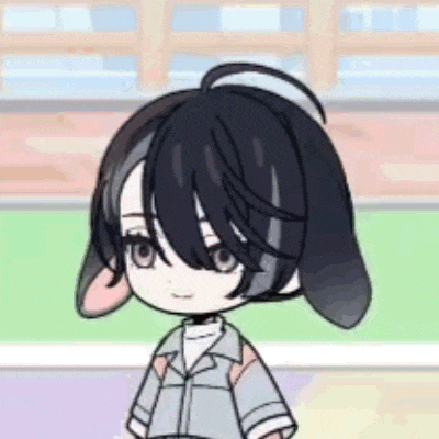 a cartoon character with long black hair and bunny ears is standing in a field .