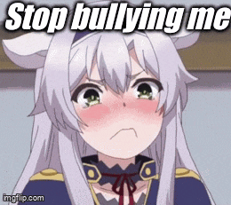 a girl with white hair is crying with the words stop bullying me above her .