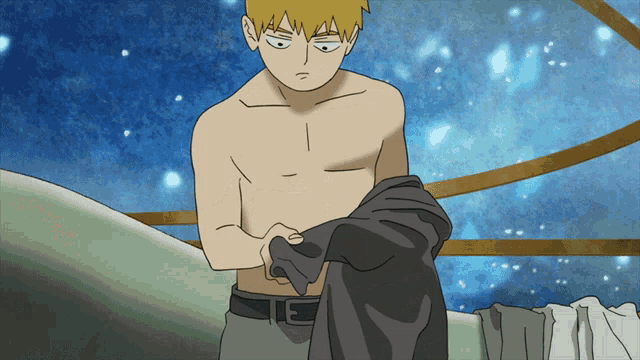 a cartoon of a shirtless man holding a black jacket
