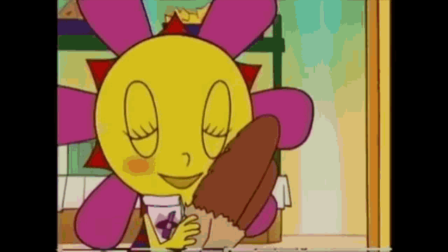 a cartoon sun is holding a loaf of bread and a drink .