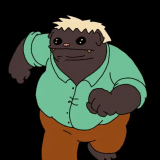 a cartoon character is running with a green shirt and brown pants .