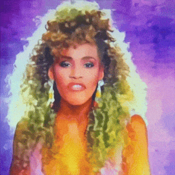 a colorful painting of a woman with curly hair and earrings