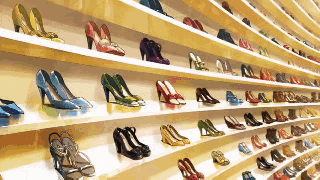 a row of shelves filled with a variety of shoes including high heels