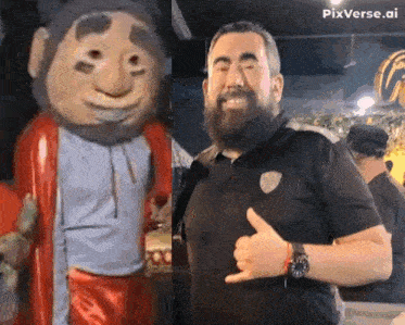 a man with a beard giving a thumbs up next to a cartoon character