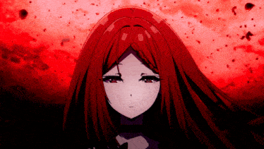 a close up of a girl with red hair and red eyes