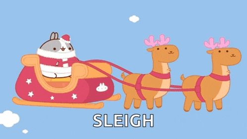 a cartoon of a rabbit in a sleigh pulled by two reindeer with the word sleigh below it