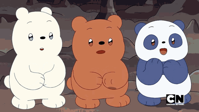three cartoon bears are standing next to each other with cn written on the bottom