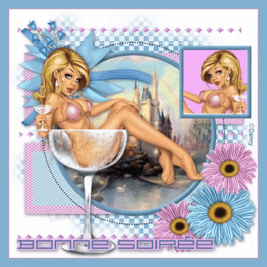 a woman in a bikini sits in a wine glass with the words bonne soiree written on the bottom