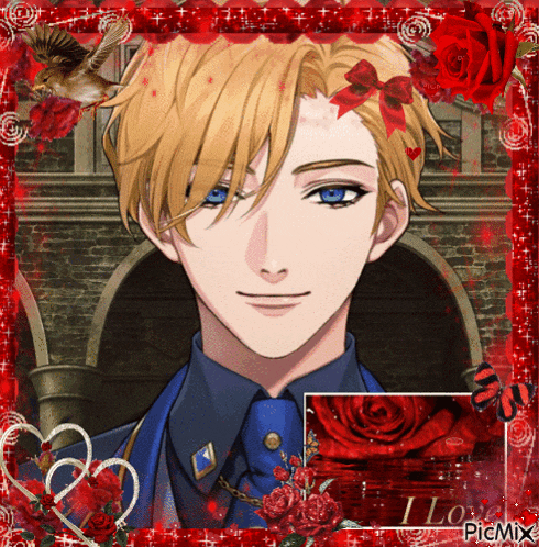 a picture of a man with blue eyes and blonde hair is surrounded by red roses and a bird