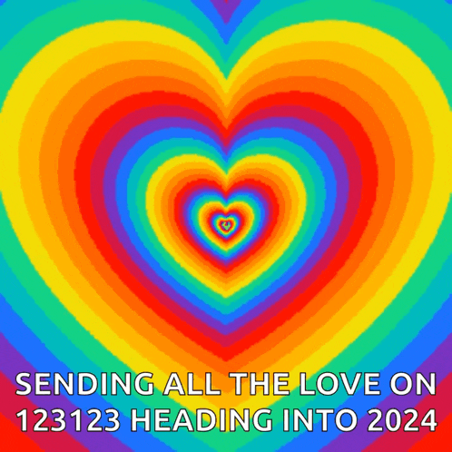 a colorful heart with the words sending all the love on 123123 heading into 2024