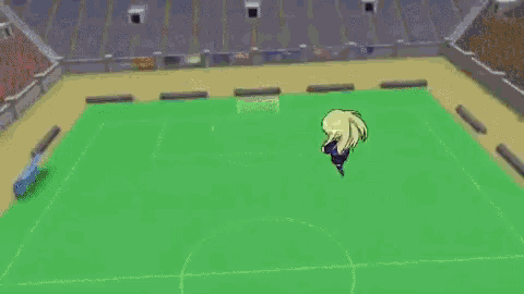 a cartoon girl with blonde hair is standing on a soccer field