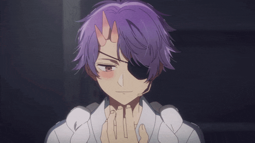 a purple haired anime character with a bandage on his eye is smiling