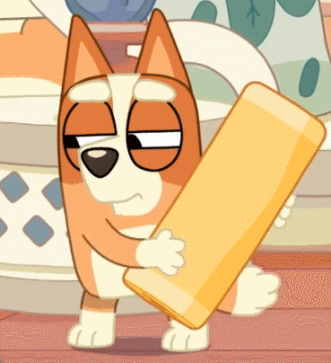 a cartoon dog is holding a piece of cheese in its paws