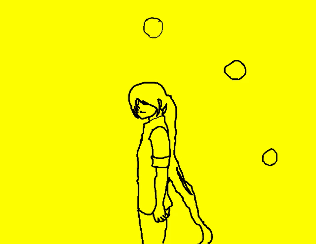 a drawing of a person on a yellow background with three circles around them