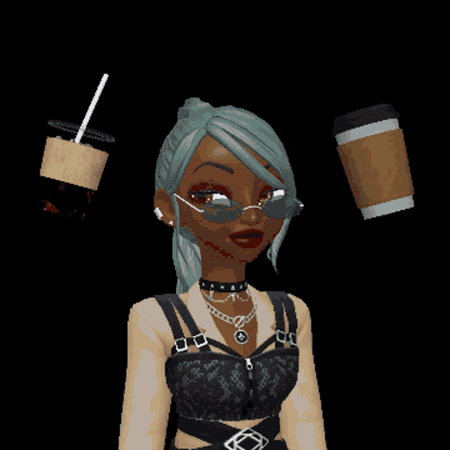 a woman with a cup of coffee on her head