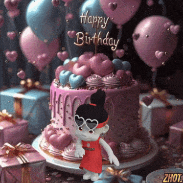 a birthday cake with hearts and balloons and a girl wearing heart shaped sunglasses