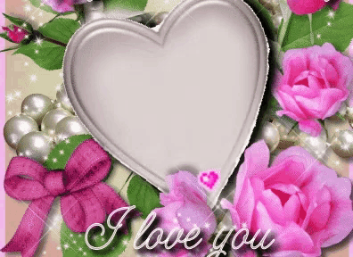 a heart surrounded by pink roses and pearls with the words i love you