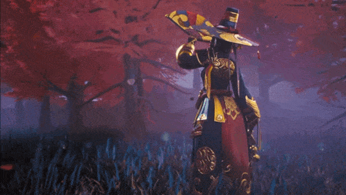 a cartoon character is dancing in a field with a sword