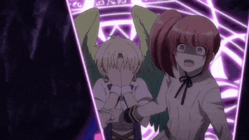 a couple of anime characters standing next to each other with one covering her face