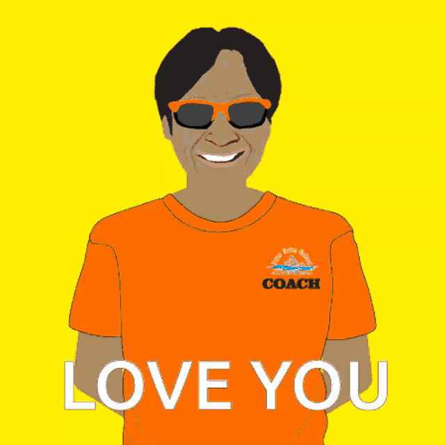a man wearing sunglasses and an orange coach shirt