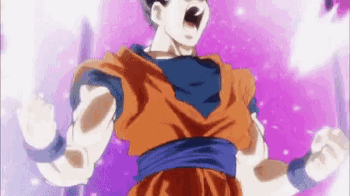 a man in a dragon ball z outfit is standing in front of a purple background with his fist in the air .