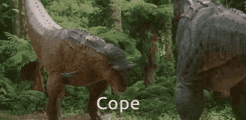 a couple of dinosaurs standing next to each other with the word cope in the corner