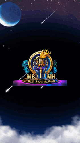 a logo for mb 1 mh music beats my heart with a microphone in the middle