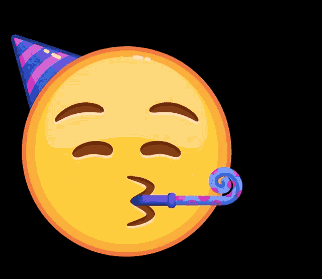 a smiley face wearing a party hat and blowing a party horn