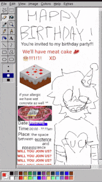 a drawing of a birthday party with a minecraft cake