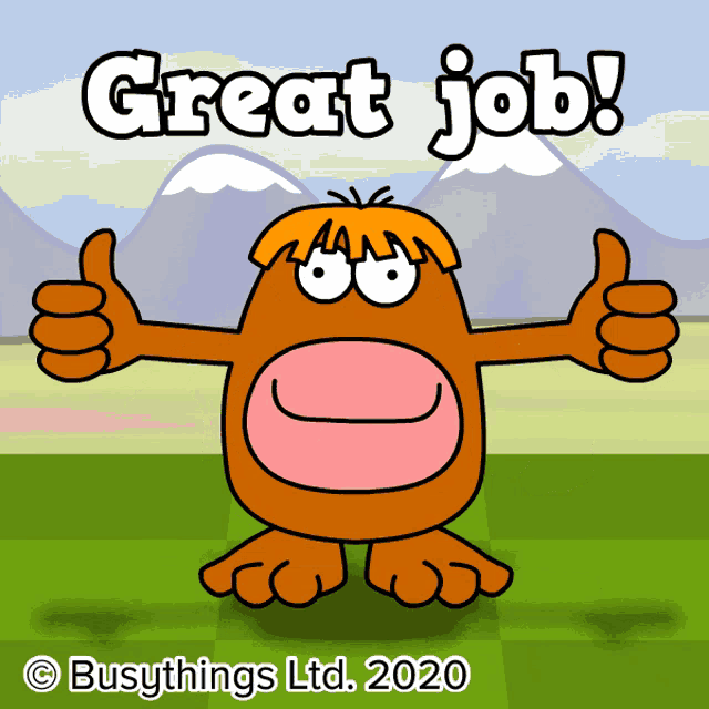 a cartoon character giving a thumbs up with the words great job written above him