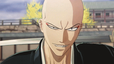 a man with a shaved head is holding a sword and smiling
