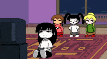 a cartoon of a girl sitting in front of a television with three other girls standing around her