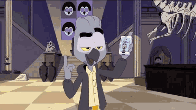 a cartoon character holds up a cell phone with a picture of a person on it