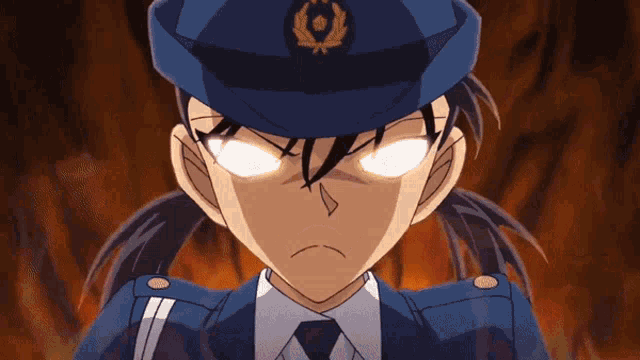 a woman in a police uniform has glowing eyes and a badge on her hat