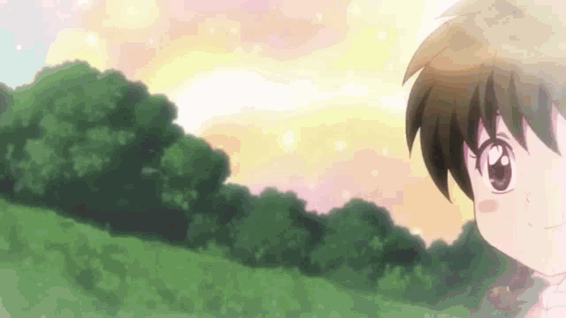 a little girl is standing in a field with trees in the background and looking at something .