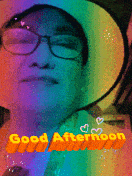 a woman wearing glasses and a hat with the words good afternoon on the bottom