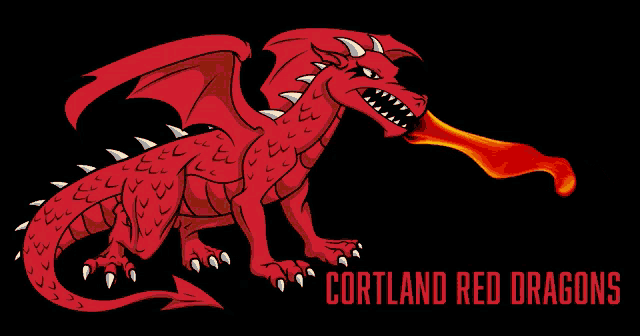 a cartoon drawing of a red dragon with the words cortland red dragons below it