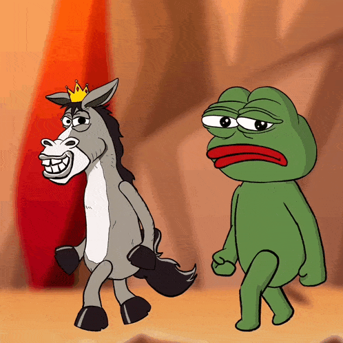 a cartoon donkey with a crown on its head stands next to a green frog