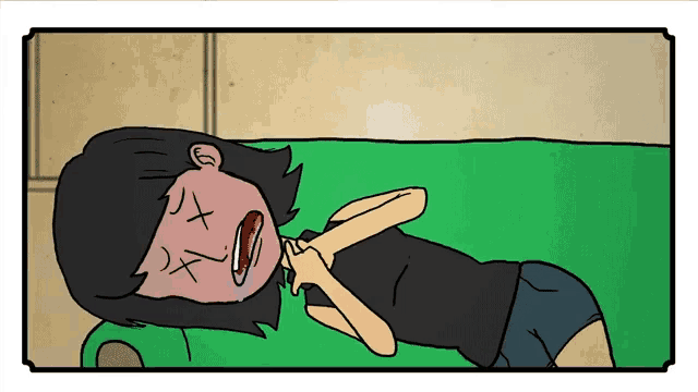 a cartoon of a woman laying on a green couch with a x on her face