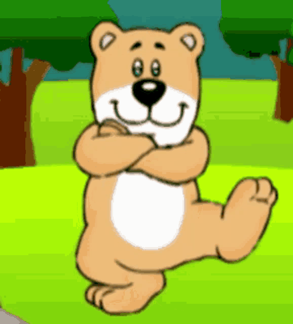 a cartoon teddy bear with his arms crossed is standing in the grass