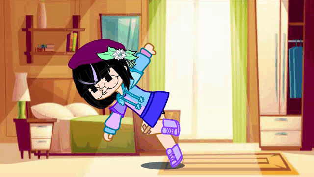 a cartoon girl is dancing in a bedroom with a bed and a closet .