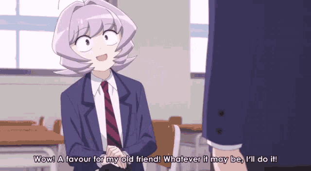 a girl in a suit and tie is saying wow a favour for my old friend